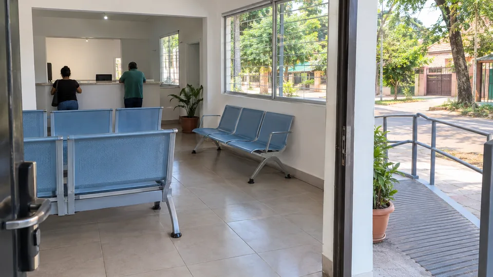 Sala de espera de unidade de saúde com cadeiras azuis, rampa de acesso e duas pessoas de costas no balcão, em imagem realista gerada por IA